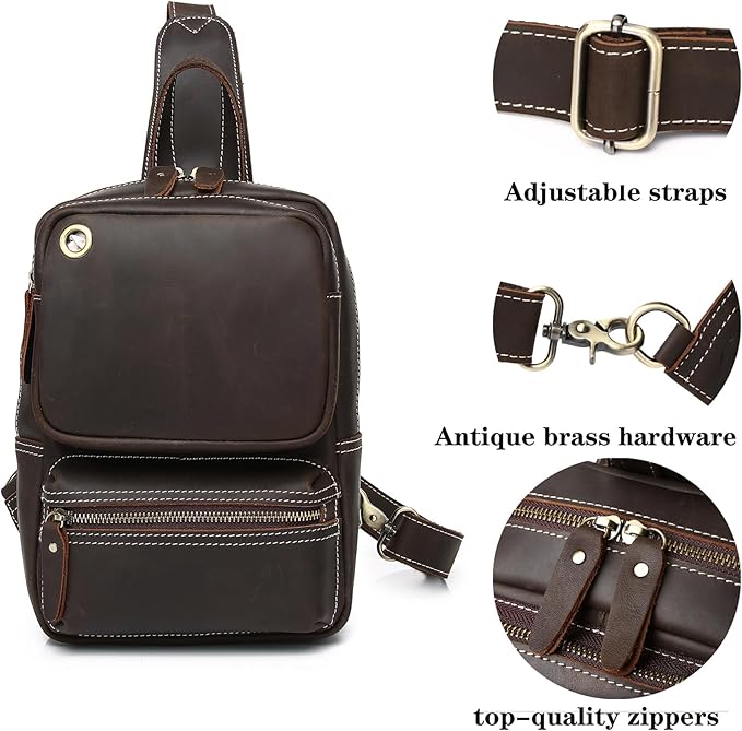 KPYWZER Crazy Horse Genuine Leather Sling Bag for Men Women Shoulder Backpack Satchel Crossbody Chest Casual Outdoor Daypack Deep Brown