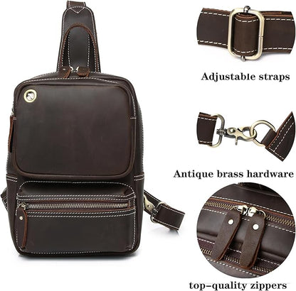 KPYWZER Crazy Horse Genuine Leather Sling Bag for Men Women Shoulder Backpack Satchel Crossbody Chest Casual Outdoor Daypack Deep Brown