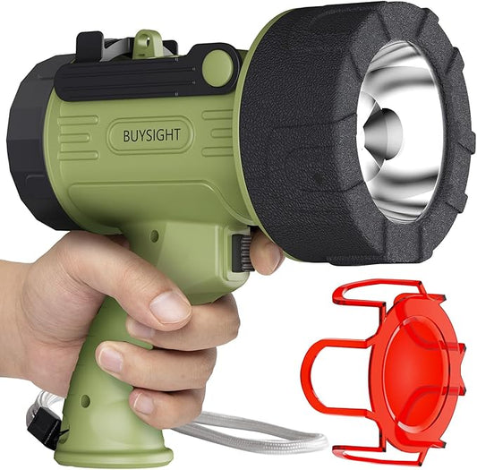 BUYSIGHT Rechargeable Spotlight Flashlight,1000,000 lumens Hand held Spotlight Waterproof Flashlight Hunting Lamp with red Filter (Dark Green)