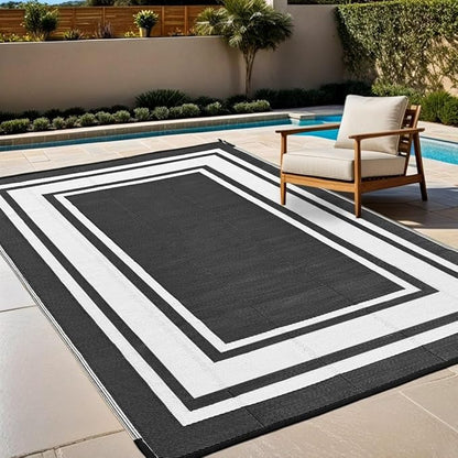 RURALITY Outdoor Rugs 5x8 Waterproof for Patios Clearance,Plastic Straw Mats for Backyard,Porch,Deck,Balcony,Reversible,Black and White