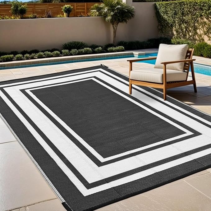 RURALITY Outdoor Rugs 6x9 Waterproof for Patios Clearance,Plastic Straw Mats for Backyard,Porch,Deck,Balcony,Reversible,Black and White