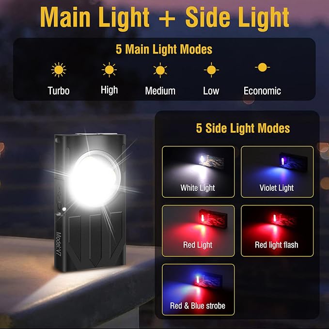 V7 Mini Powerful EDC Flashlight High Lumens 1100LM LED Rechargeable Flashlight with Magnetic and Cilp,Small Pocket Flash Light with Red Blue UV Light for Camping,Underbody Repair(Black)