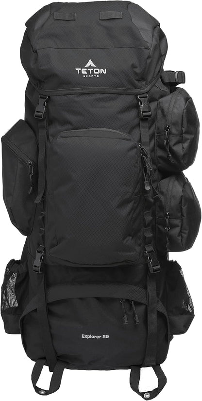 TETON 85L Explorer Internal Frame Backpack for Hiking, Camping, Backpacking, Rain Cover Included, Black