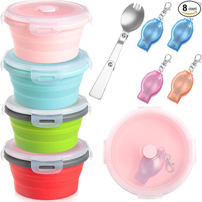 4 Set Camping Bowl with Lid Collapsible Silicone Bowl with Foldable Stainless Steel Fork Salad Bowl Portable Folding Fork Set for Travel Picnic Camping Utensils