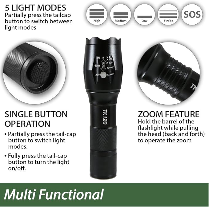 EcoGear FX Complete LED Tactical Flashlight Kit TK120 Flashlight with Rechargeable Battery: High Lumens with 5 Light Modes, Water Resistant, Adjustable Focus Zoom