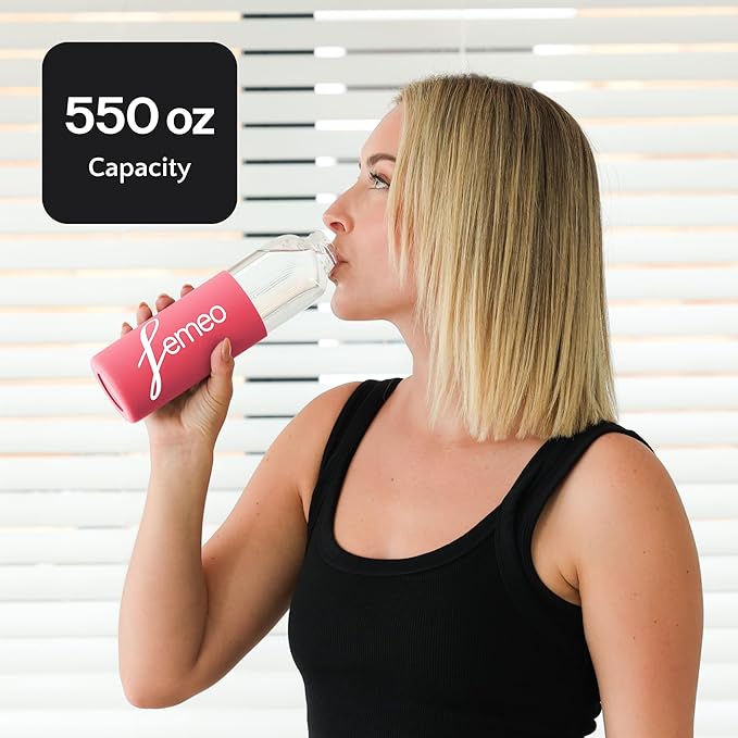 Femeo® Glass Water Bottle for Women | Eco, Yoga & Gym Friendly, 18oz | 100% Leakproof, BPA-Free, Dishwasher Safe, Borosilicate Drinking Glass Bamboo Sports Cap Pink
