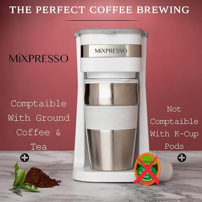 Mixpresso Personal Single Serve Coffee Maker & 14oz Travel Mug, Drip Small Coffee Maker & Tumbler, Auto Shut Off & Reusable Filter, White Coffee Maker Compatible with Coffee Grounds