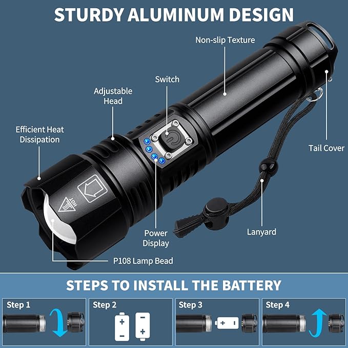 Rechargeable Flashlights High Lumens, 990,000 Lumen Super Bright Led Flashlight with 12H Long Runtime & 5 Modes, Powerful Waterproof Handheld Flash light for Home Emerge∩cies Camping (Black)