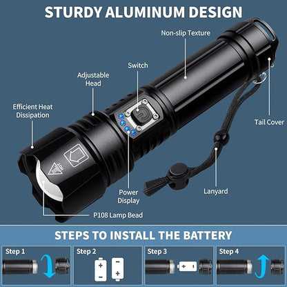 Rechargeable Flashlights High Lumens, 990,000 Lumen Super Bright Led Flashlight with 12H Long Runtime & 5 Modes, Powerful Waterproof Handheld Flash light for Home Emerge∩cies Camping (Black)