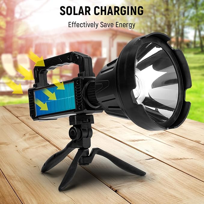 Rechargeable Spotlight, Handheld Super Bright Flashlight 1000000 High Lumens with Foldable Tripod,6 Modes and 4 Colors, Waterproof IPX6 Searchlight for Camping Fishing Hunting, USB Output