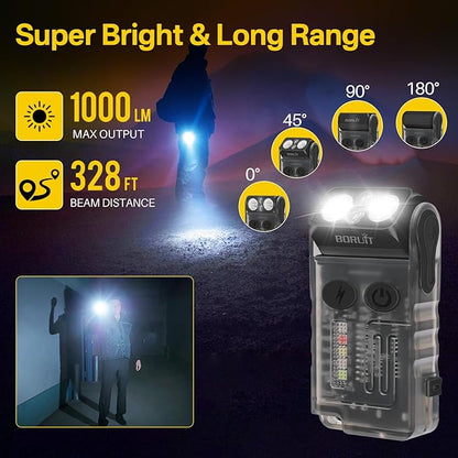BORUIT V20 LED Small Powerful EDC Flashlight with 365nm UV Light,180°Head Swivels,USB C Rechargeable 1000 LM Mini Pocket Keychain Flash Light with Clip-13 Mode,IP67,Magnetic,110DB Buzzer(Black)