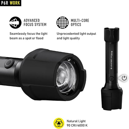 Ledlenser, P6R Work Rechargeable Flashlight, High Power LED, 850 Lumens, Waterproof Light for Professional, Home, Outdoor, Emergency Use, Black