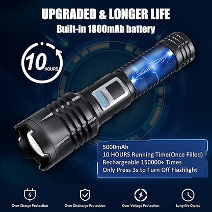 Rechargeable LED Flashlights high lumens,100000 Lumens Super Bright Tactical Flashlights,Waterproof Handheld Flashlight with 5 Mode,Built-in Battery,Zoomable for Emergencies Camping