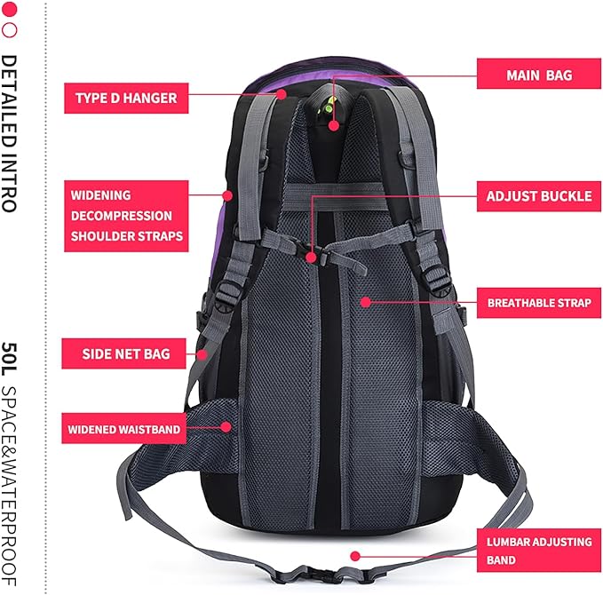 Bseash 50L Hiking Backpack, Water Resistant Lightweight Outdoor Sport Daypack Travel Bag for Camping Climbing Touring (Purple - No Shoe Compartment)