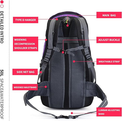 Bseash 50L Hiking Backpack, Water Resistant Lightweight Outdoor Sport Daypack Travel Bag for Camping Climbing Touring (Purple - No Shoe Compartment)