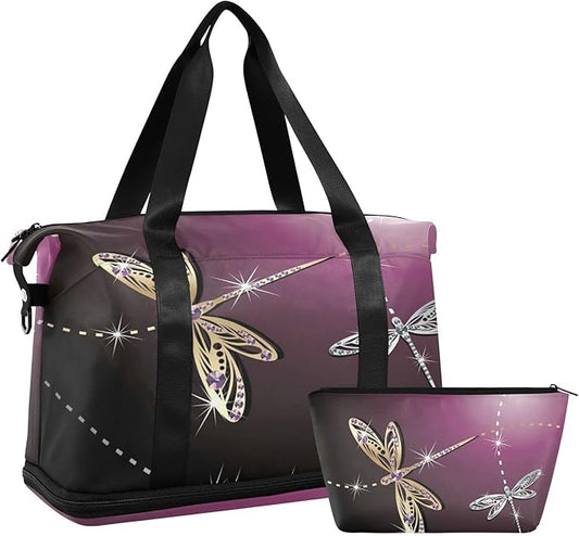 Weekender Bag for Women, Dragonfly Purple Gym Sports Duffle Travel Tote With Toiletry and Swim Bag