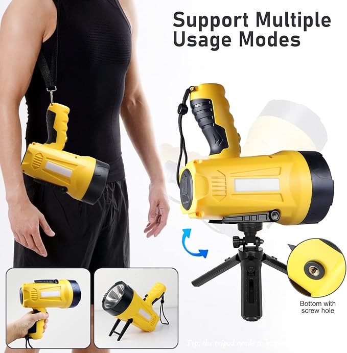 10000 Lumen Rechargeable Ultra Bright LED Spotlight Flashlight, High Powered Work Light + Collapsible Tripod - Perfect for Camping, Hiking, Hunting, Emergencies & Outdoors