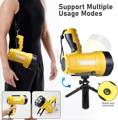 10000 Lumen Rechargeable Ultra Bright LED Spotlight Flashlight, High Powered Work Light + Collapsible Tripod - Perfect for Camping, Hiking, Hunting, Emergencies & Outdoors