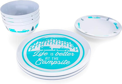 Camco Teal Life is Better at The Campsite 12 Piece Dishware Set-Blue Retro Trailer and Logo Design, Includes Plates and Bowls, Perfect for RVing and Camping, Melamine (53296)