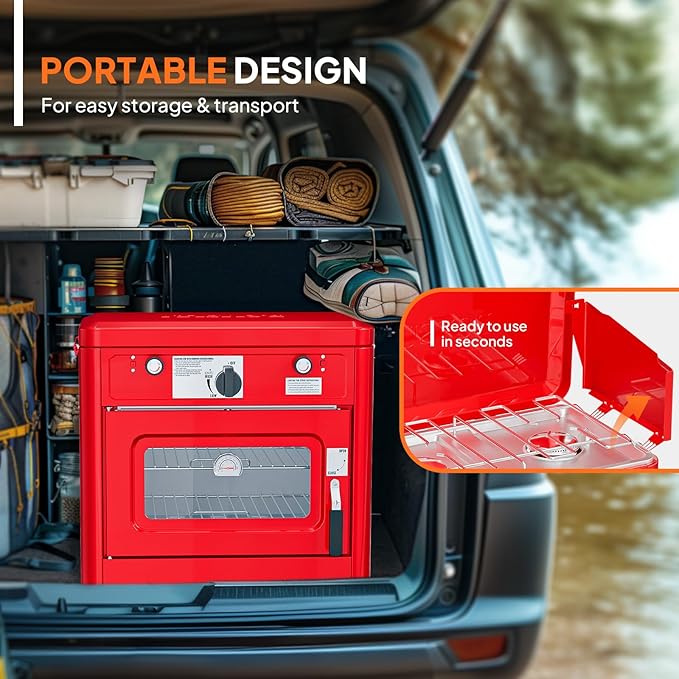 ROVSUN 2-in-1 Portable Camping Stove & Propane Oven with Piezo Igniter, 2 Burner Stove & Outdoor Oven with Adjustable Fire, Thermometer, Wind Panel & Regulator for Traveling, Tailgating (Red)