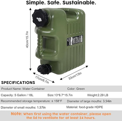 5 Gallon Water Jug, Camping Water Container BPA Free Water Storage with Spigot No Leakage Portable Emergency Water Tank for Outdoor Hiking Camping Picnic Supplies Green
