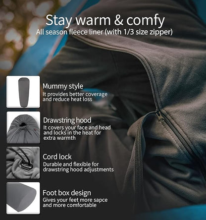 All Season Fleece Sleeping Bag Liner Adds Up to 27°F/ 15°C, Lightweight Mummy Sleeping Sack for Cold Weather and Winter Backpacking, Camping, Traveling with Drawstring Hood and Stuff Sack E629