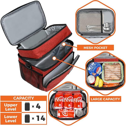 opux Insulated Lunch Bag for Men Women, Large Dual Compartment Cooler Bag, Soft Two Deck Lunch Box for Work School Picnic, Leakproof Lunch Tote with Shoulder Strap for Kid Adult (Red, Double Deck)