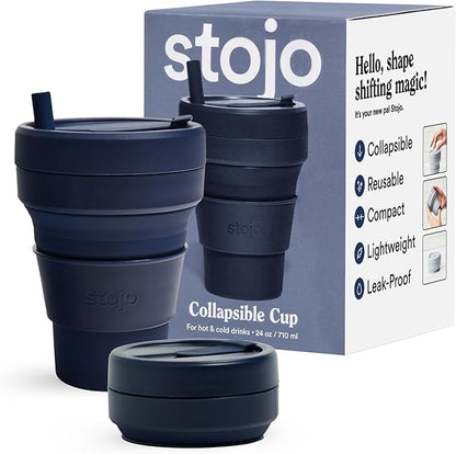 STOJO Titan Collapsible Travel Cup With Straw - Denim Blue, 24oz / 710ml - Reusable To-Go Pocket Size Silicone Cup for Hot & Cold Drinks - Camping and Hiking - Microwave & Dishwasher Safe
