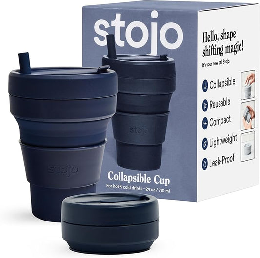 STOJO Titan Collapsible Travel Cup With Straw - Denim Blue, 24oz / 710ml - Reusable To-Go Pocket Size Silicone Cup for Hot & Cold Drinks - Camping and Hiking - Microwave & Dishwasher Safe