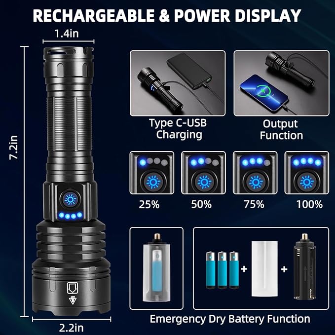 Flashlights High Lumens Rechargeable, 990000LM Super Bright Flashlight, Adjustable Tactical Flashlight, 5Mode Flash Light High Powered, Waterproof LED Flashlight for Camping, Hiking, Home, Emergencies