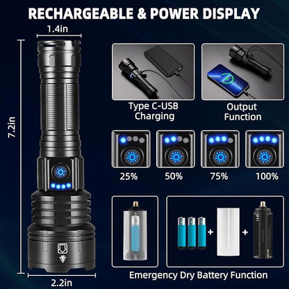 Flashlights High Lumens Rechargeable, 990000LM Super Bright Flashlight, Adjustable Tactical Flashlight, 5Mode Flash Light High Powered, Waterproof LED Flashlight for Camping, Hiking, Home, Emergencies