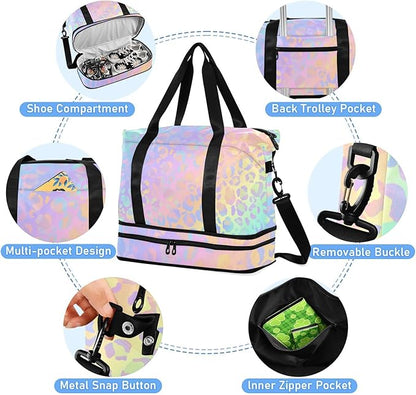 Rainbow Leopard Print Gym Bag for Women - Neon Sports Duffle Travel Tote with Toiletry & Shoes Compartment, Dry/Wet Separation Swim Bag