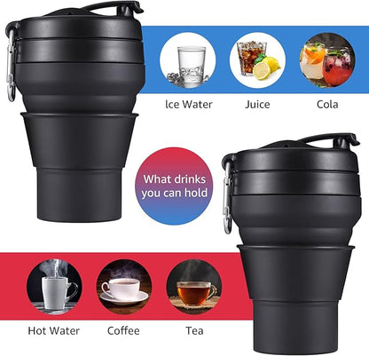 Collapsible Coffee Cup, 16 OZ 480ml Silicone Folding Camping Cup, Leak Proof BPA Free Portable Cup, Travel mug with Lids for hiking (Black)