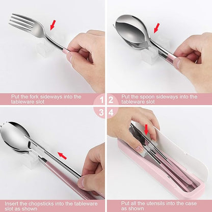DEVICO Travel Utensils, 18/8 Stainless Steel 4pcs Cutlery Set Portable Camp Reusable Flatware Silverware, Include Fork Spoon Chopsticks with Case (Pink)
