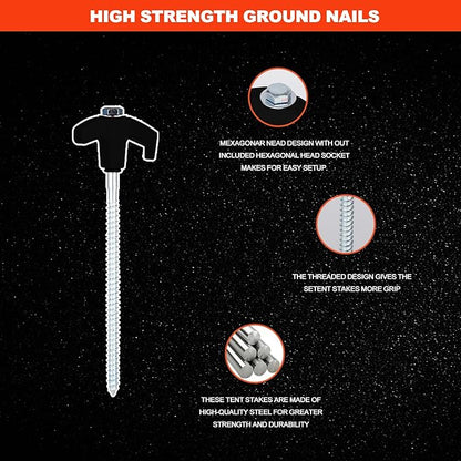 10PCS Screw in Tent Stakes Heavy Duty,8 Inch Screw in Tent Pegs,Metal Camping Stakes,with Hex Head Driver,Nail Lifter,Ropes,Camping Tent Accessories,Black