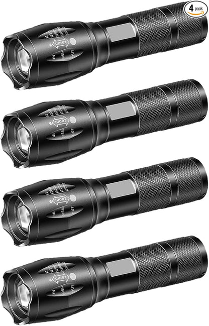 LED Flashlights High Lumens - Flashlights for Camping, Hiking, Walking - Powerful Emergency Flashlights with 5 Modes for Home Outdoor Use - Bright Flashlight with Zoomable Beam (4 Pack)