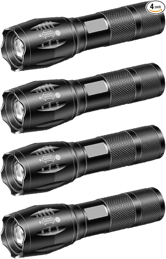 LED Flashlights High Lumens - Flashlights for Camping, Hiking, Walking - Powerful Emergency Flashlights with 5 Modes for Home Outdoor Use - Bright Flashlight with Zoomable Beam (4 Pack)