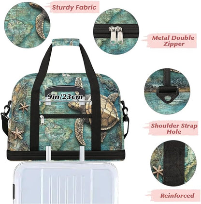 Foldable Travel Duffel Bag, Expandable Weekender Overnight Carry on Bags with Shoe Compartment Sport Tote Gym Luggage for Women Men, Turtle