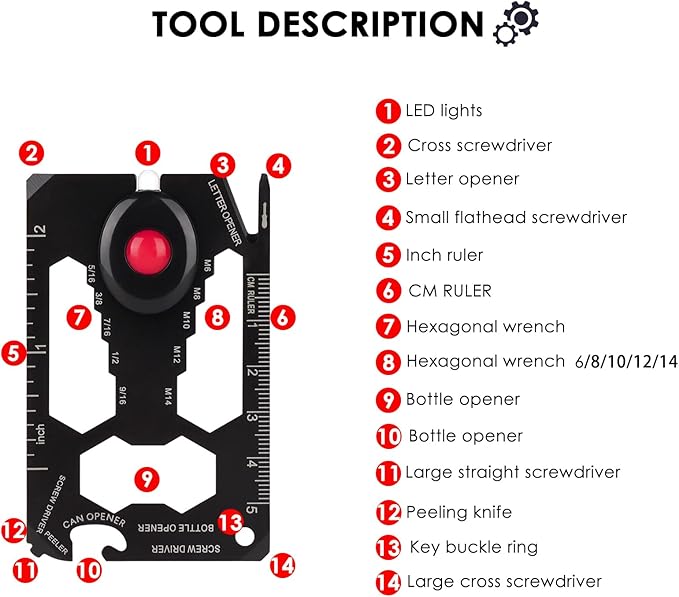 Credit Card Multol, et al Survival Card, Credit card size Muli-Toal for quick Repairs, Camping - Cool Gadget for Men, lack, induces screwdriver and Botle Openen.