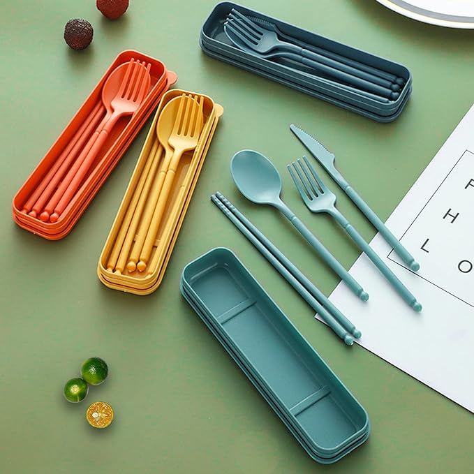 Camping Utensil Set, Reusable Utensils Set with Case, Plastic Cutlery Set Forks Spoon Tableware Chopsticks, Portable Cutlery Set for Travel Picnic Camping or Daily Use (Dark Color-4)