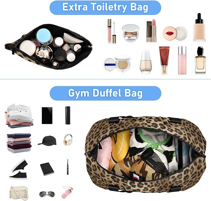 Leopard Weekender Bag for Women, Speckled Gym Sports Duffle Travel Tote With Toiletry Compartment, Shoes Storage, Dry/Wet Separation for Swimming