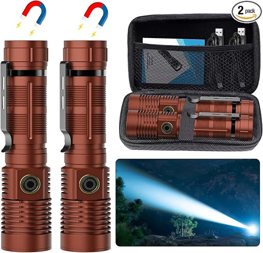 Small Tactical Flashlights 20000 High Lumens - 1500 Meters Long Beam Super Bright LED Magnetic Flashlight USB Rechargeable Zoomable 5Modes Long Beam Spotlight Flashlight for Hiking, Camping-Brown