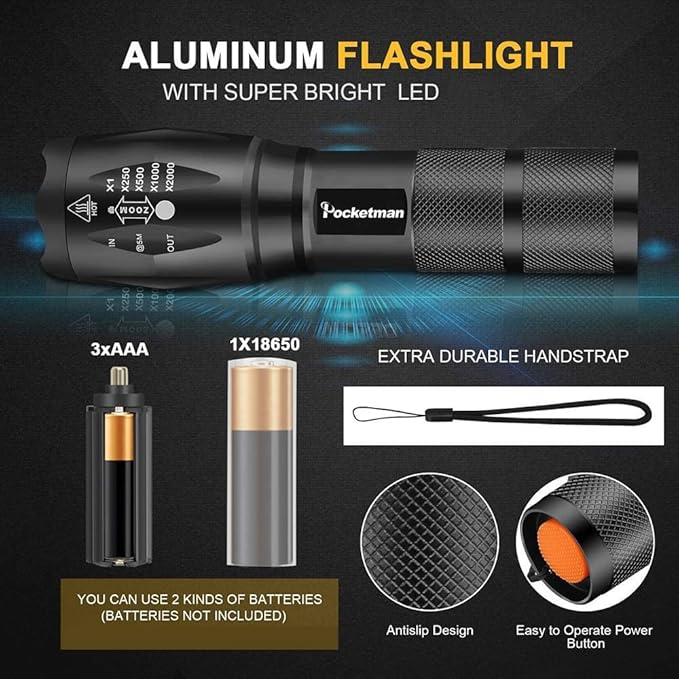 MODOAO 1500LM LED Flashlight Waterproof Zoomable Tactical Flashlight with 5 Light Modes for Hiking, Camping, Emergency (5 Pack-A)