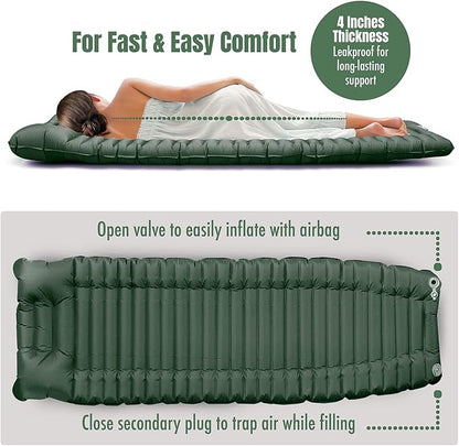 Camping Sleeping Pad w/Armrest & Pillow - 4 Inch Ultra-Thick Side Sleep Friendly - Rollover Protection - Ultralight Backpacking Air Mattress