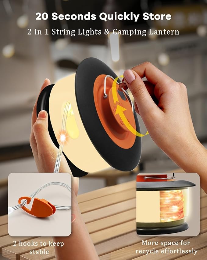 Camping String Lights Outdoor with Music Sync, Quick Storage LED String Lights with 7 RGB Color & 12 Mode Tent Lights, Portable Camping Lantern Waterproof Camping Light for Camping Essentials (Black)