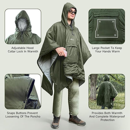 Sleeping Bag for Adult, Wearable Blanket Insulated Poncho Hooded, Sleepingbag Quilt for Winter Camping Hiking Sports