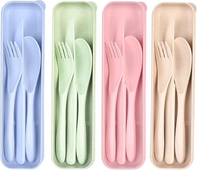 Lnrkai Travel Utensils Set with Case, 4 Sets Wheat Straw Reusable Spoon Knife Forks Tableware, Portable Cutlery Set for Lunch Box Accessories for Adults Kids Travel Picnic Camping or Daily Use