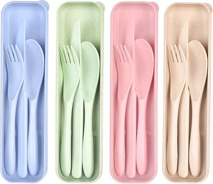 Lnrkai Travel Utensils Set with Case, 4 Sets Wheat Straw Reusable Spoon Knife Forks Tableware, Portable Cutlery Set for Lunch Box Accessories for Adults Kids Travel Picnic Camping or Daily Use