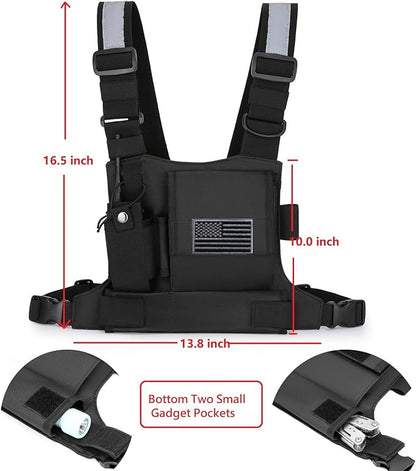 Chest Bag Vest Rig For Two Way Radio Walkie Talkie Universal Hands Freely Front Chest Pack Radio Holster With Phone Holder Hiphop Harness Bag (Coal)
