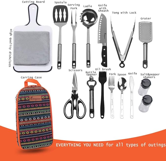 Bisgear Backpacking Camping Cookware Camp Kitchen Utensil BBQ Organizer Travel Mess Kit with Water Resistant Case, Cutting Board, Rice Paddle, Tongs, Scissors, Knife, Spork